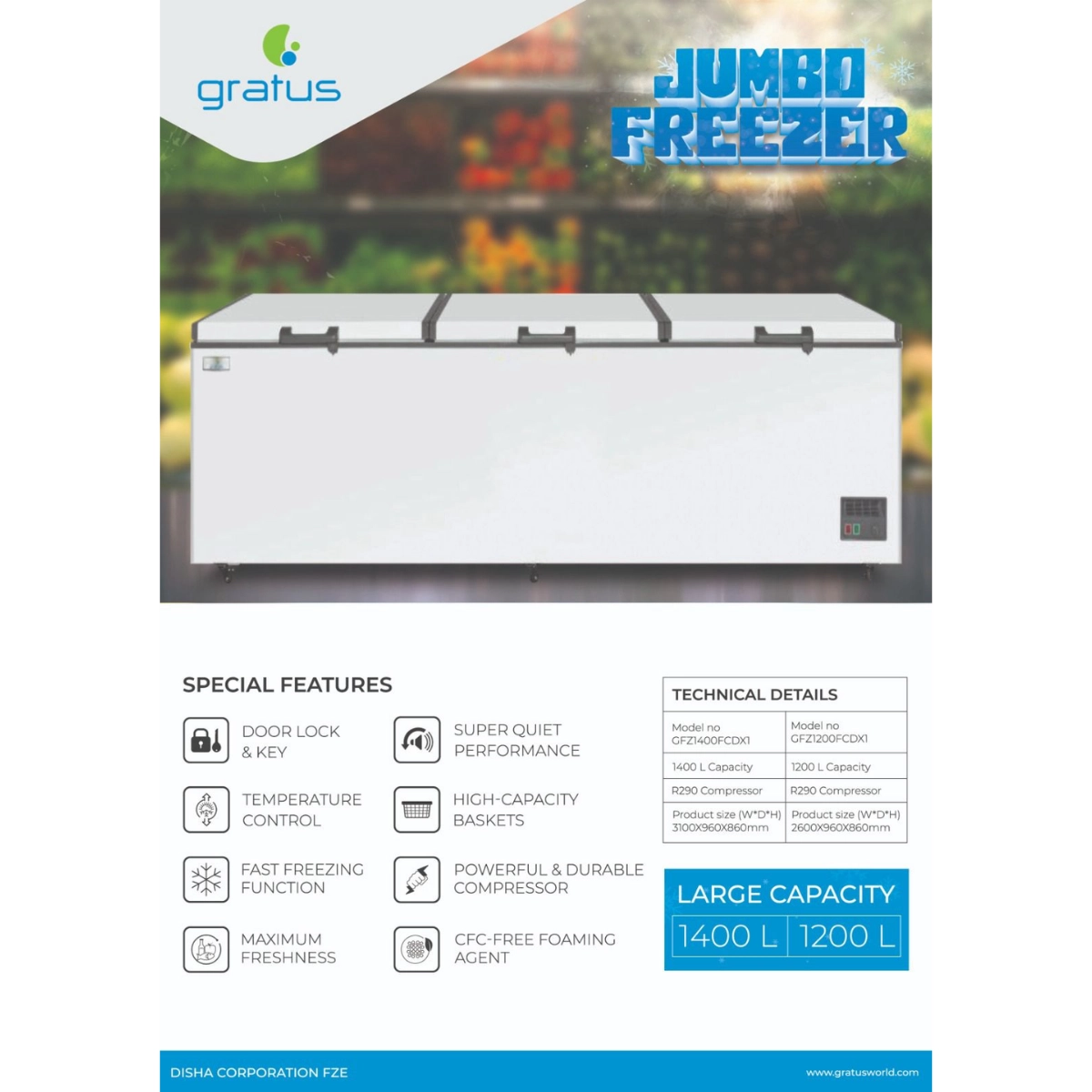 Gratus Jumbo Chest Freezer 1400L 3-Door Tropicalized (GFZ1400FCDX1)