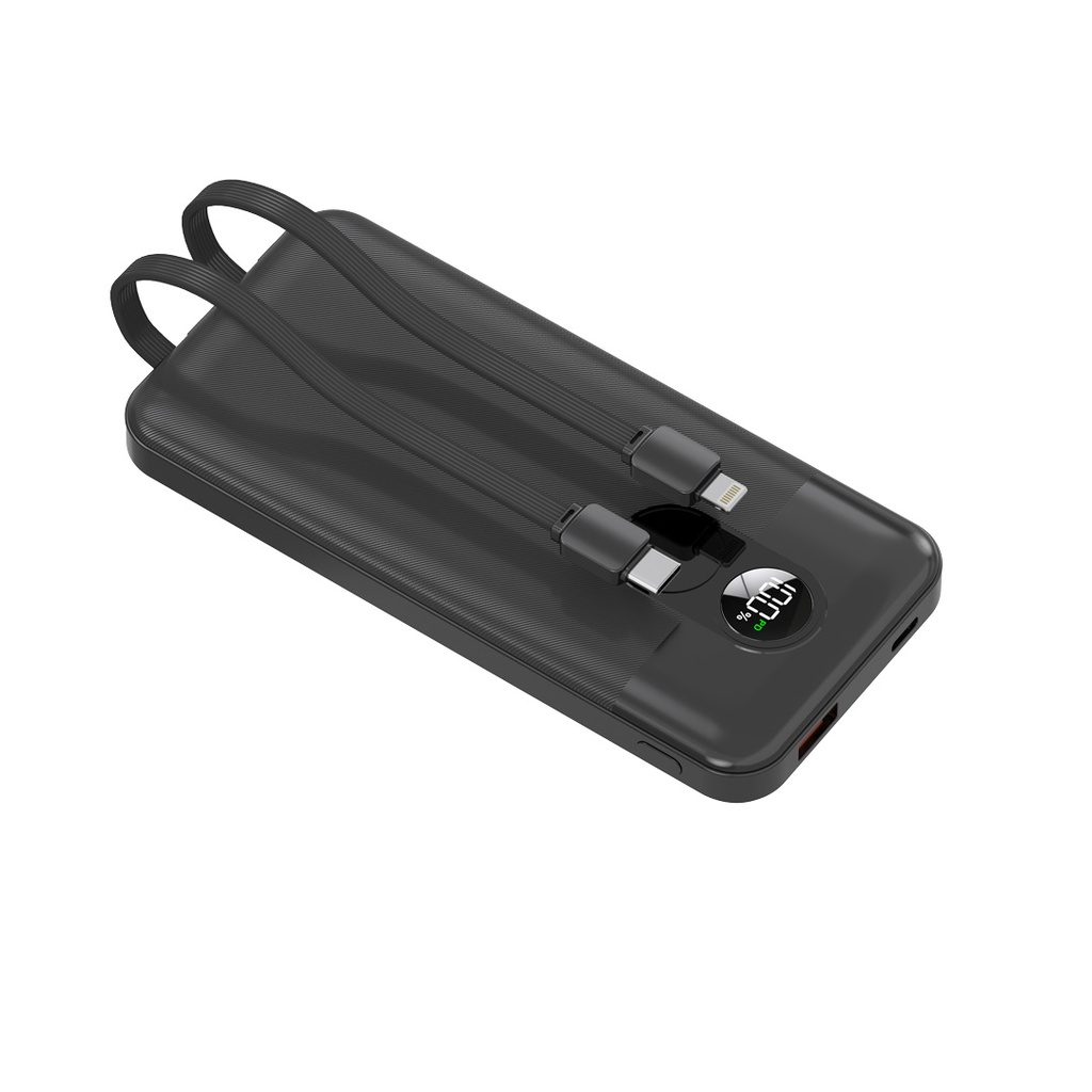 Porodo 10000mAh Power Bank with Built-In Removable Cables, Quick Charge & Compact Design