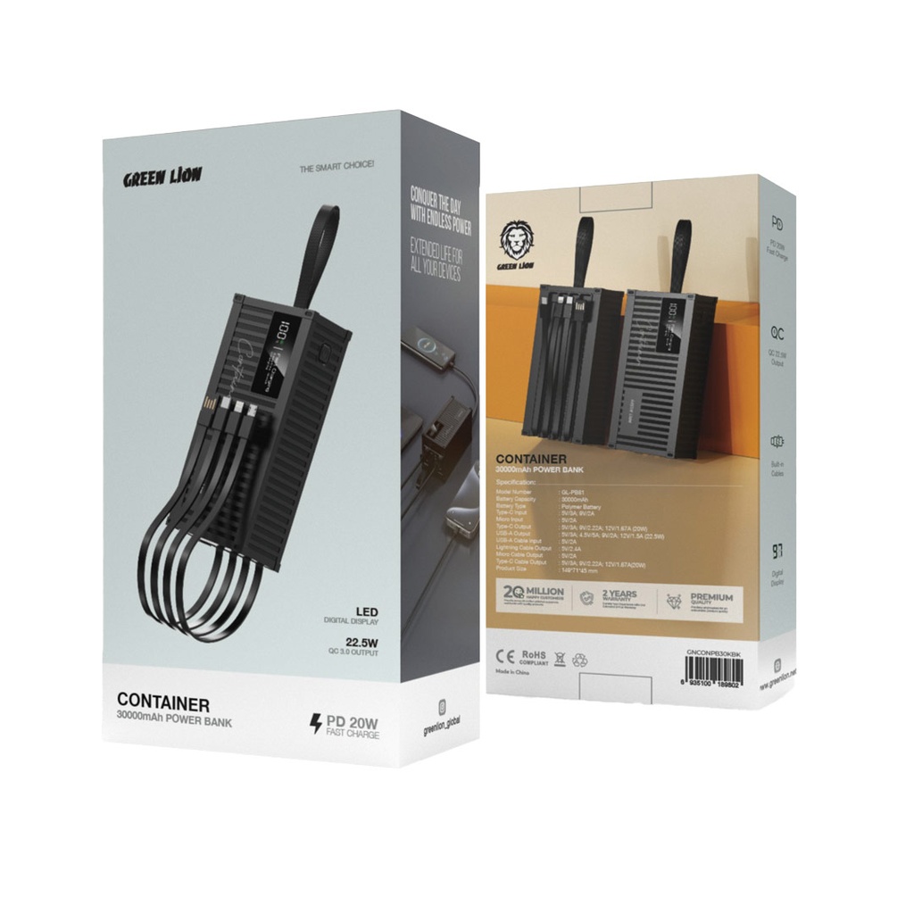 Green Lion Container Внешний аккумулятор 30000mAh PD 20W с Кабелем 4 в 1